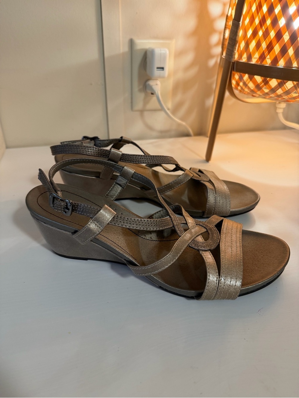 Naturalizer Metallic Taupe Strappy Wedge Sandals